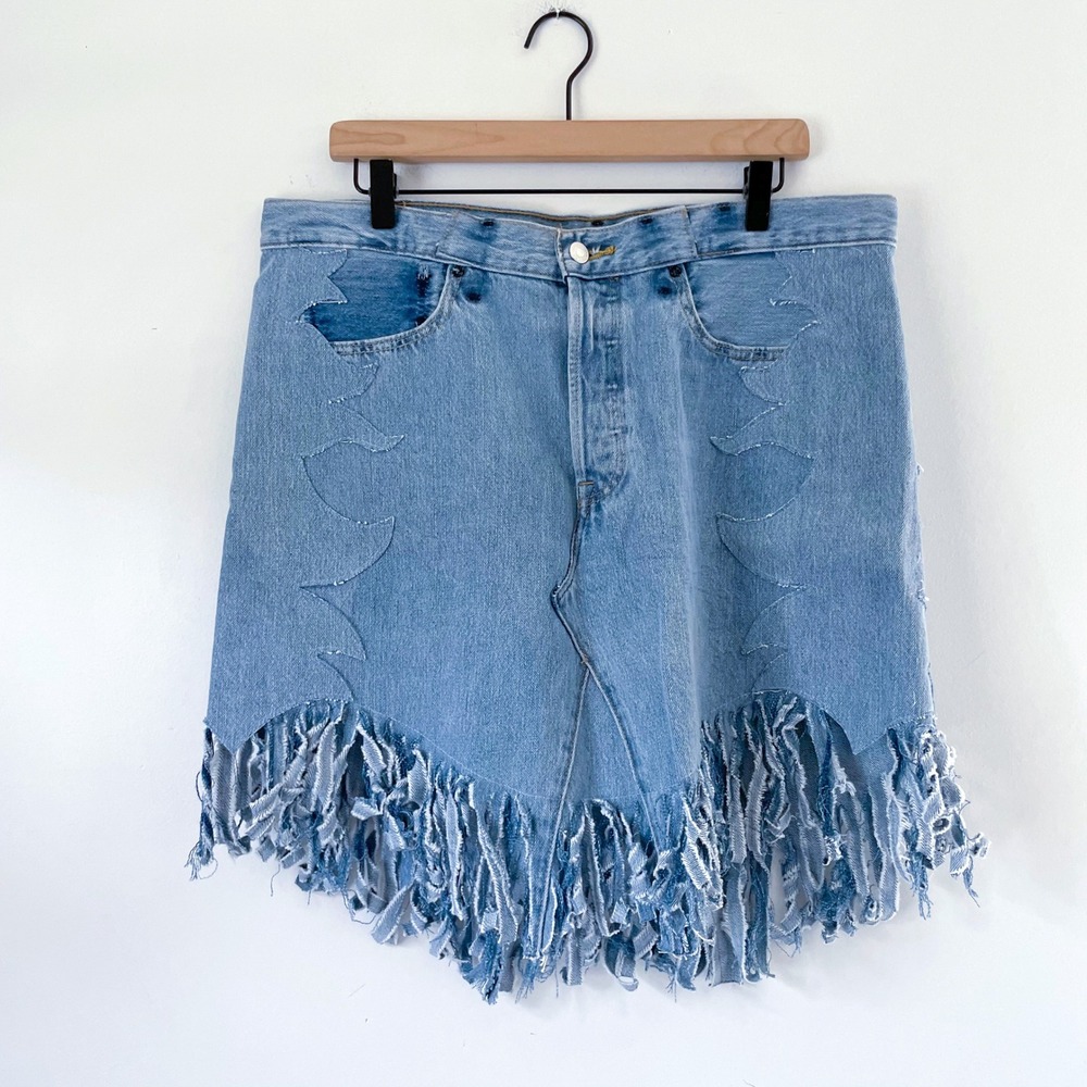 Levis Upcycled Denim Fringe Skirt XL Flame Stitch Western Cowgirl Festival